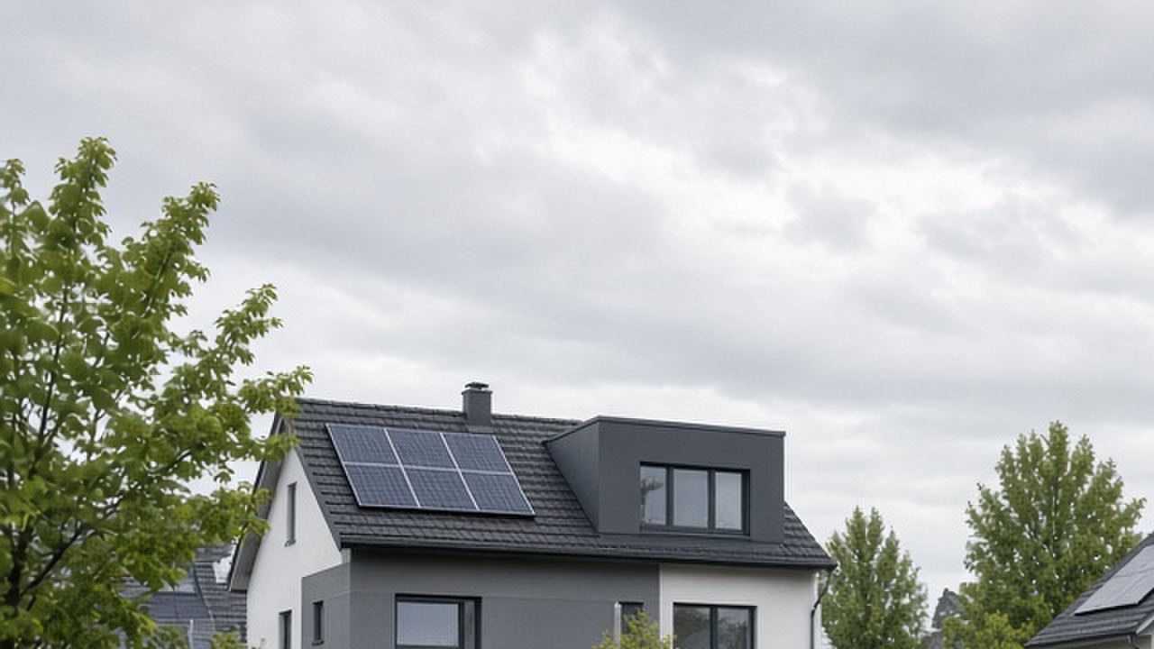 Wohngebiet in Deutschland mit Photovoltaikanlagen auf den Dächern