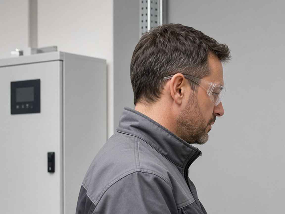 Techniker kontrolliert Wechselrichter einer PV-Anlage